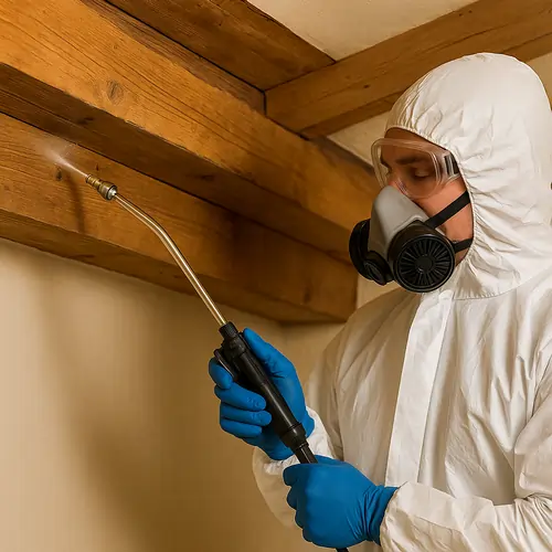 Technicien en protection du bois appliquant un traitement insecticide sur une solive de charpente